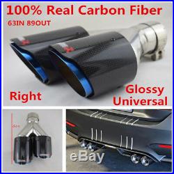 1X Chrome Blue Glossy Real Carbon Fiber Car Right Side Dual Exhaust Pipe 63-89mm