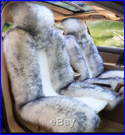 3Pcs Genuine Australian Sheepskin Fur 5-Seat Car Seat Protector CoverWhite&Grey