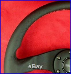Genuine Momo Tuner black spokes leather 350mm steering wheel with red stitching