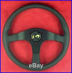 Genuine Momo Tuner black spokes leather 350mm steering wheel with red stitching