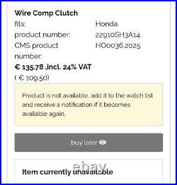 Honda CRX CIVIC NEW OEM genuine wire clutch cable D14A1 GL 89-91 Honda CRX CIVIC NEW OEM genuine wire clutch cable D14A1 GL 89-91